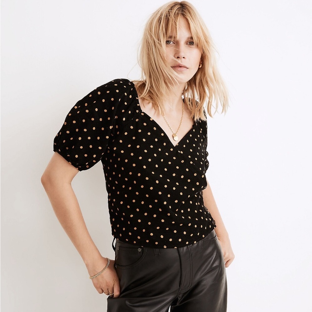 Madewell Corduroy Puff Sleeve‎ Wrap Top In Oval Dot